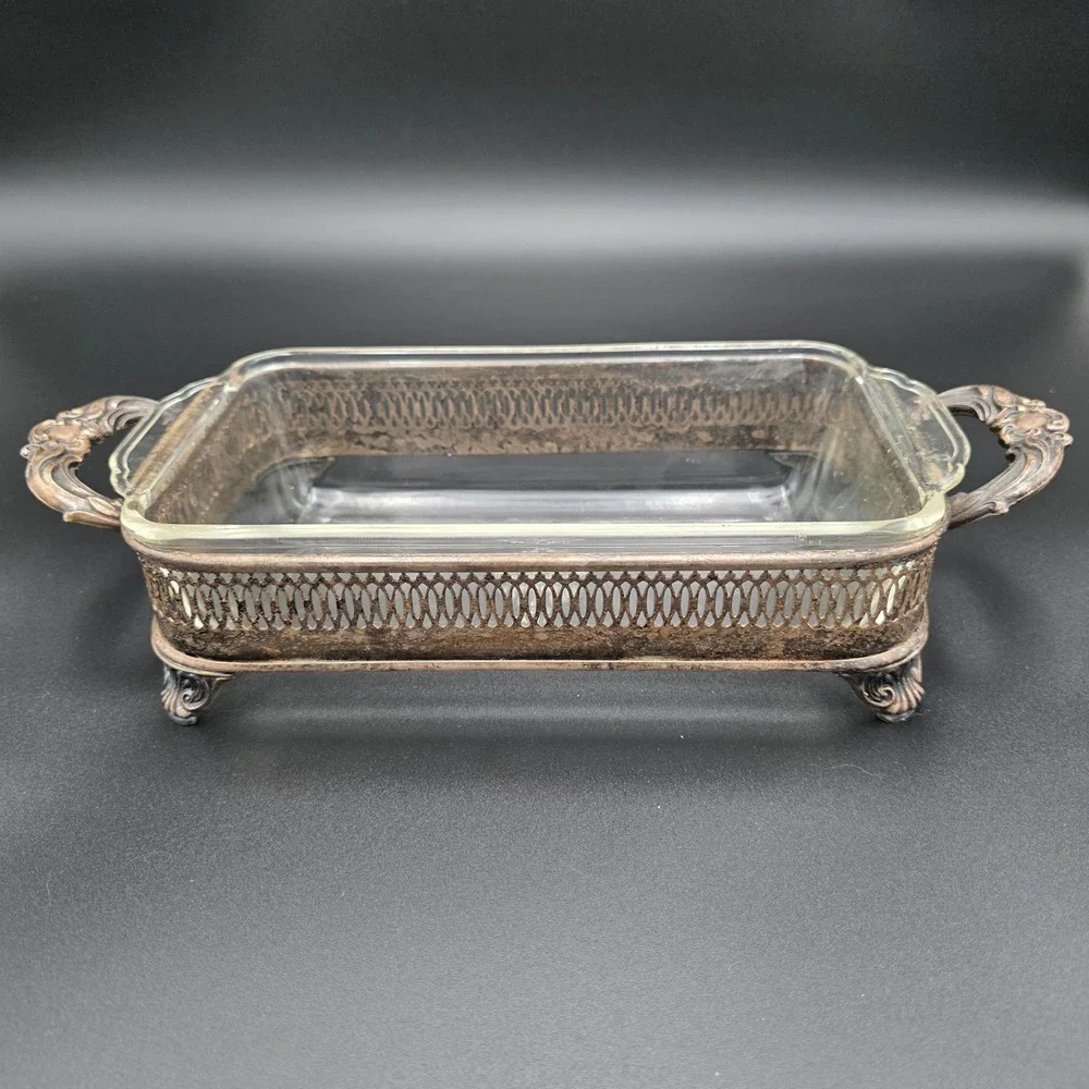 Anchor Hocking Fire King Glass‎ Baking Dish with Ornate Silver Plate Holder 1 Qt